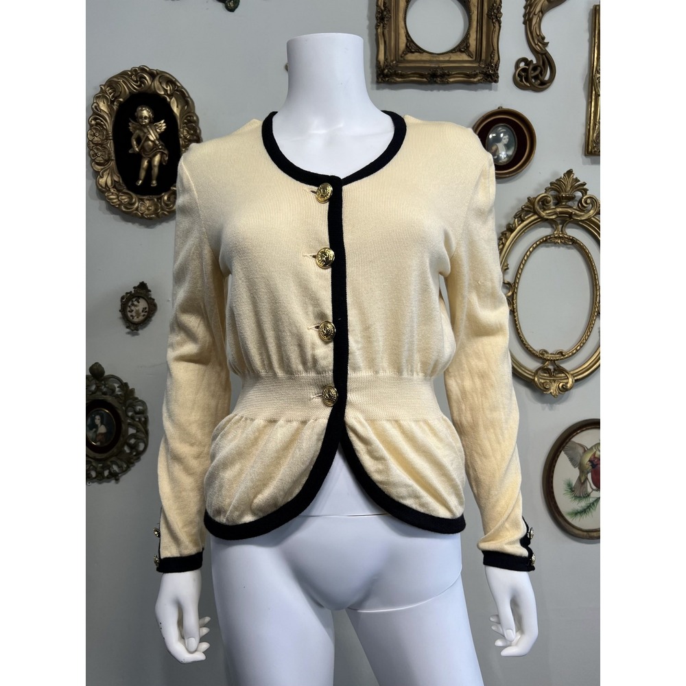 Vintage Valentino Cream Black Trim Gold Button Knit Cardigan Jacket Size 38 / 4